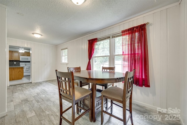 2111 Parkdale Ave, Gastonia, NC 28052 - dining area featuring light wood-style flooring, a textured ceiling, a decorative wall, baseboards, and crown molding