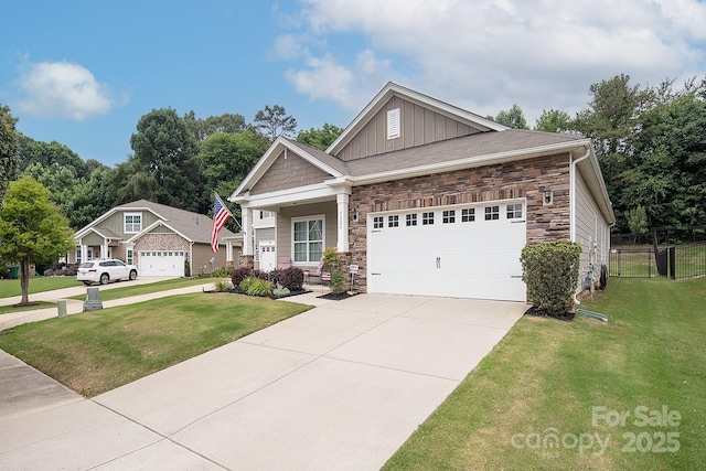 7328 Strawberry Fields Ln, Charlotte, NC 28278 - craftsman house featuring stone siding, board and batten siding, concrete driveway, and an attached garage