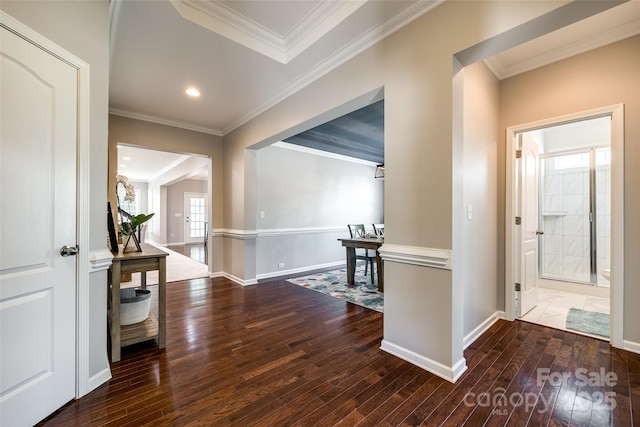 129 Hawks Creek Pkwy, Fort Mill, SC 29708 - hall with hardwood / wood-style flooring, crown molding, and recessed lighting