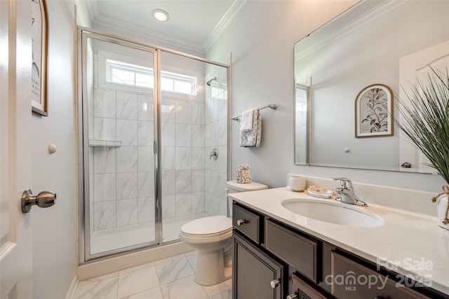 129 Hawks Creek Pkwy, Fort Mill, SC 29708 - full bath featuring vanity, crown molding, a shower stall, and marble finish floors