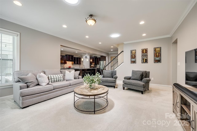 129 Hawks Creek Pkwy, Fort Mill, SC 29708 - living area with light colored carpet, stairway, recessed lighting, plenty of natural light, and crown molding