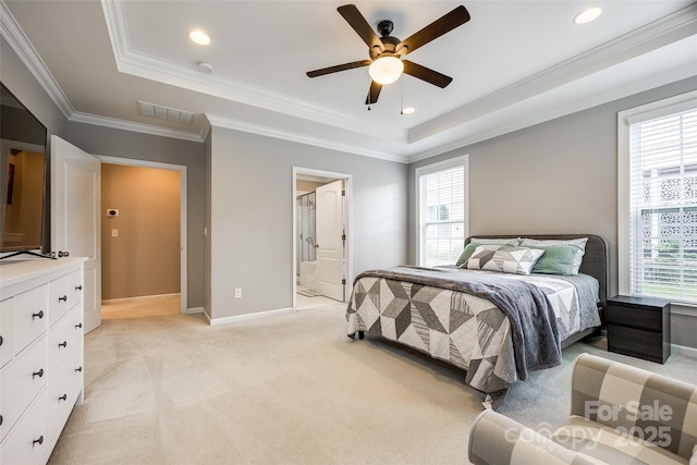129 Hawks Creek Pkwy, Fort Mill, SC 29708 - bedroom featuring a raised ceiling, light carpet, crown molding, recessed lighting, and ceiling fan
