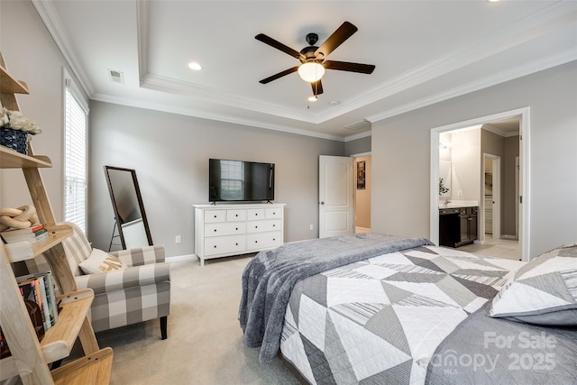 129 Hawks Creek Pkwy, Fort Mill, SC 29708 - bedroom with a tray ceiling, light carpet, ornamental molding, recessed lighting, and a ceiling fan