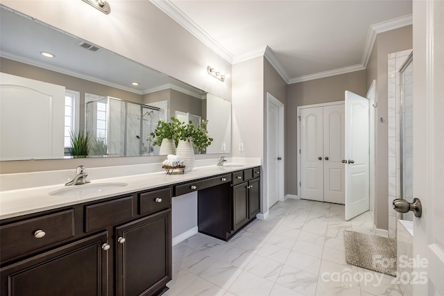 129 Hawks Creek Pkwy, Fort Mill, SC 29708 - bathroom featuring a stall shower, double vanity, crown molding, marble look tiles, and recessed lighting
