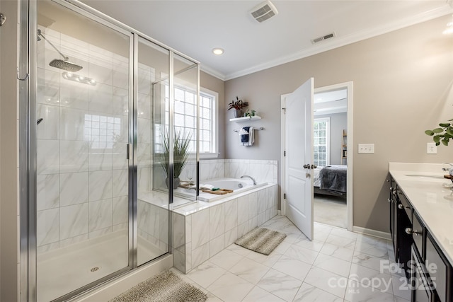 129 Hawks Creek Pkwy, Fort Mill, SC 29708 - ensuite bathroom featuring a garden tub, a stall shower, crown molding, vanity, and marble look tiles
