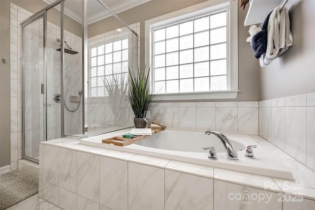129 Hawks Creek Pkwy, Fort Mill, SC 29708 - bathroom featuring ornamental molding, a shower stall, and a garden tub