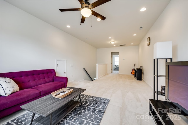 129 Hawks Creek Pkwy, Fort Mill, SC 29708 - living area with ceiling fan, light carpet, and recessed lighting