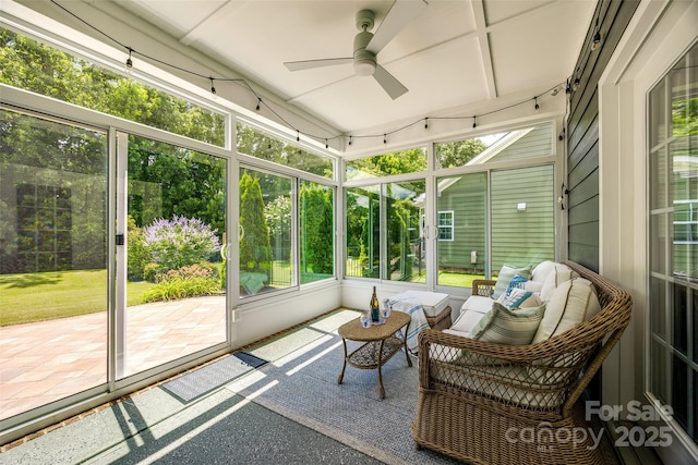 129 Hawks Creek Pkwy, Fort Mill, SC 29708 - sunroom featuring a ceiling fan, lofted ceiling, and an outdoor living space