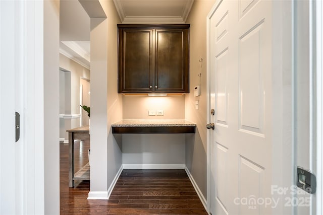 129 Hawks Creek Pkwy, Fort Mill, SC 29708 - hall with dark wood-style floors, ornamental molding, and a desk