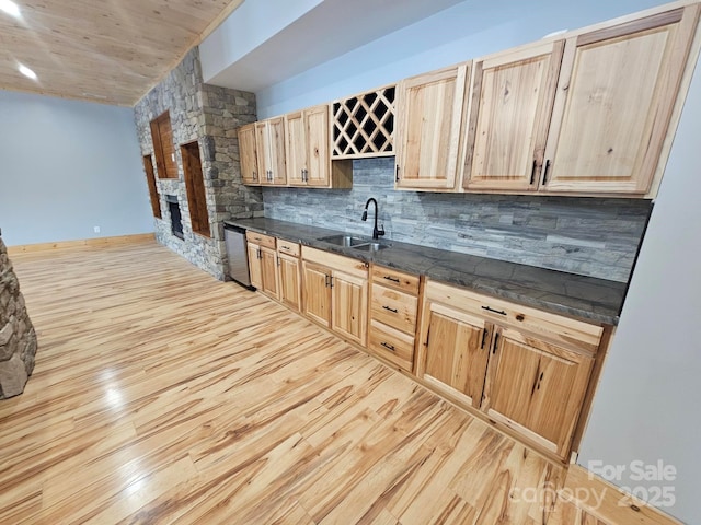 1076 Table View Dr Unit 55, Morganton, NC 28655 - kitchen with a sink, light brown cabinetry, stainless steel dishwasher, and dark countertops