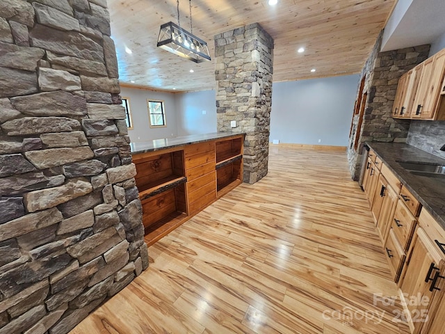 1076 Table View Dr Unit 55, Morganton, NC 28655 - kitchen featuring light wood-type flooring, wood ceiling, recessed lighting, a sink, and hanging light fixtures