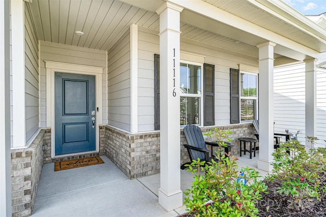 11116 Godwit Ln, Charlotte, NC 28278 - doorway to property featuring covered porch and stone siding