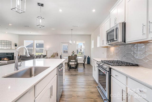 11116 Godwit Ln, Charlotte, NC 28278 - kitchen featuring appliances with stainless steel finishes, a sink, open floor plan, light wood finished floors, and recessed lighting