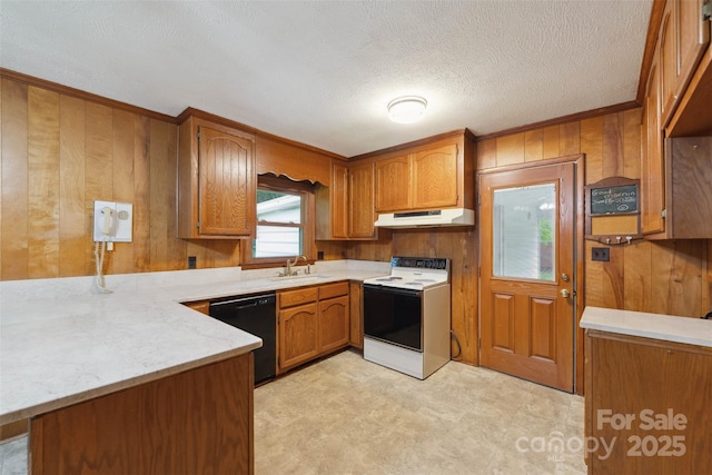 46 Donna Dale Ave SE, Concord, NC 28025 - kitchen featuring electric range oven, black dishwasher, under cabinet range hood, brown cabinets, and crown molding