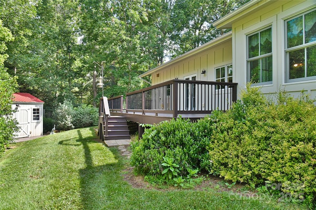 63 Greenridge Rd, Weaverville, NC 28787 - view of grassy yard featuring a storage shed, a deck, and stairway