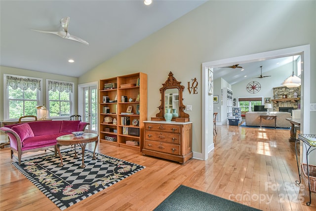 63 Greenridge Rd, Weaverville, NC 28787 - living area featuring a ceiling fan, high vaulted ceiling, light wood finished floors, a fireplace, and recessed lighting