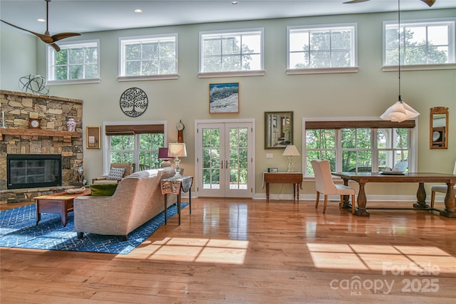63 Greenridge Rd, Weaverville, NC 28787 - living area featuring a high ceiling, a ceiling fan, plenty of natural light, hardwood / wood-style floors, and recessed lighting