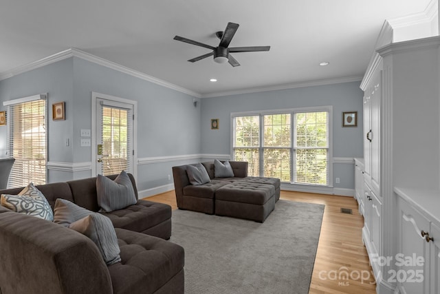 9717 Waterton Ct, Huntersville, NC 28078 - living area with light wood finished floors, a ceiling fan, ornamental molding, and recessed lighting
