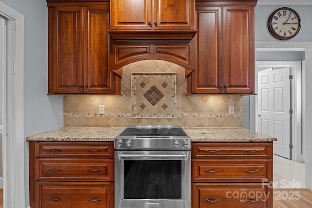 9717 Waterton Ct, Huntersville, NC 28078 - kitchen with stainless steel electric range, light stone counters, and backsplash