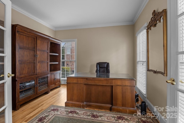 9717 Waterton Ct, Huntersville, NC 28078 - office area with light wood-style flooring, ornamental molding, and healthy amount of natural light