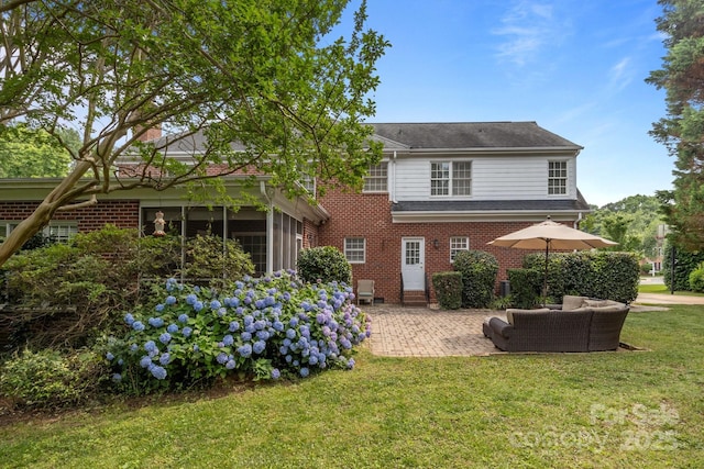 9717 Waterton Ct, Huntersville, NC 28078 - rear view of property with brick siding, a patio area, a lawn, roof with shingles, and entry steps