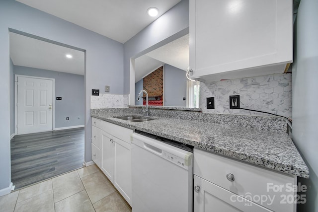 8520 Mission Hills Rd, Charlotte, NC 28227 - kitchen featuring dishwasher, tasteful backsplash, white cabinetry, light stone countertops, and recessed lighting