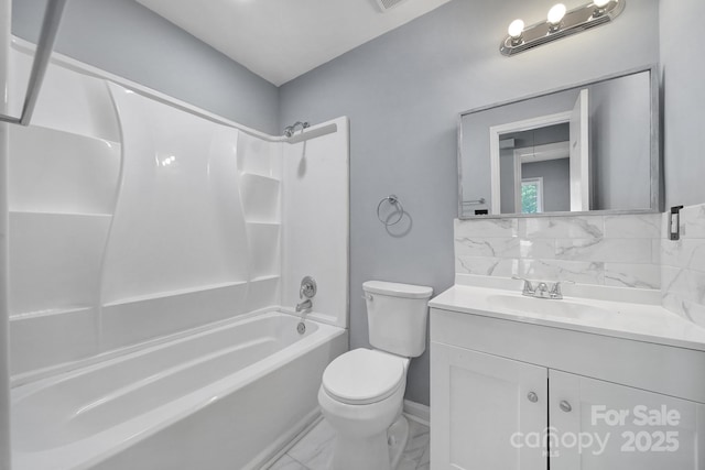 8520 Mission Hills Rd, Charlotte, NC 28227 - full bathroom with vanity, bathing tub / shower combination, marble look tiles, and tasteful backsplash