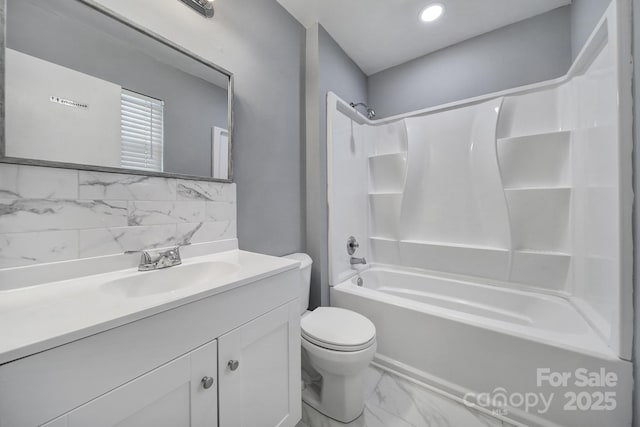 8520 Mission Hills Rd, Charlotte, NC 28227 - bathroom with vanity, bathing tub / shower combination, marble look tiles, and backsplash