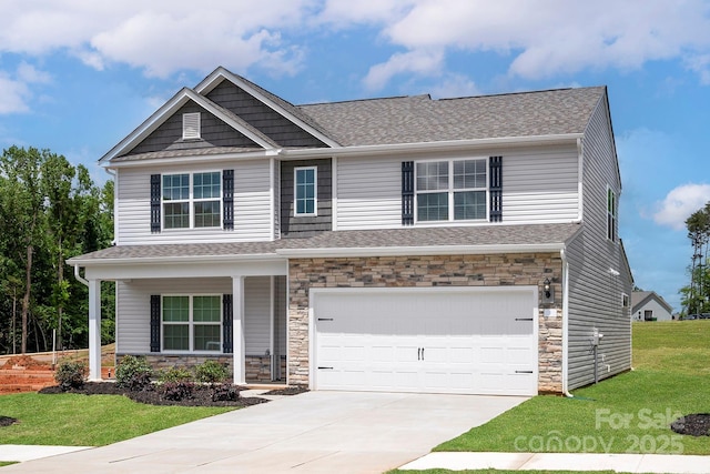 7225 Jerimoth Dr, Charlotte, NC 28215 - craftsman-style house with stone siding, a front lawn, driveway, an attached garage, and a shingled roof