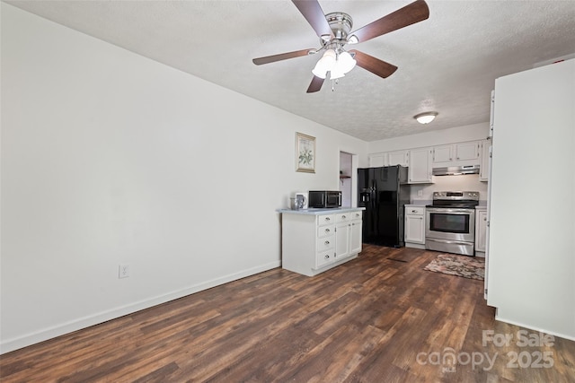 40 Autumn St, Canton, NC 28716 - kitchen featuring black appliances, under cabinet range hood, dark wood-style flooring, white cabinetry, and a textured ceiling