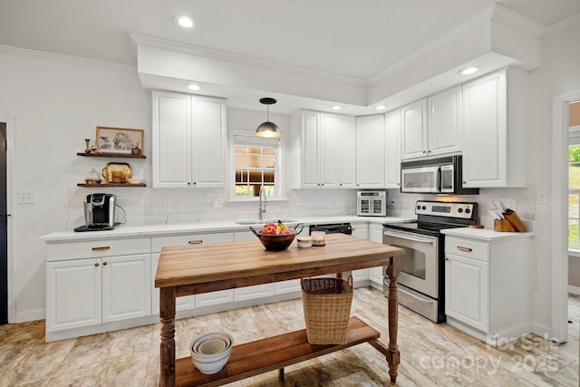 491 Paint Fork Rd, Barnardsville, NC 28709 - kitchen with stainless steel appliances, a sink, ornamental molding, light countertops, and plenty of natural light