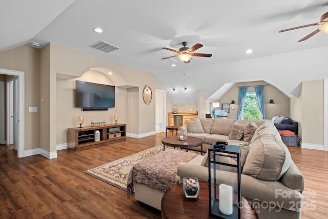 491 Paint Fork Rd, Barnardsville, NC 28709 - living room featuring ceiling fan, lofted ceiling, wood finished floors, baseboards, and recessed lighting