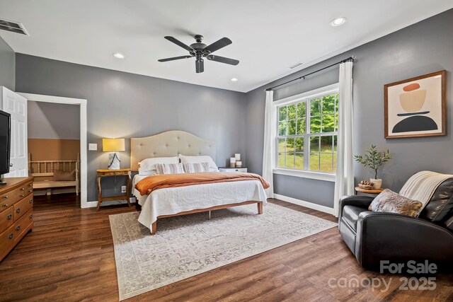 491 Paint Fork Rd, Barnardsville, NC 28709 - bedroom with baseboards, dark wood-style flooring, recessed lighting, and a ceiling fan