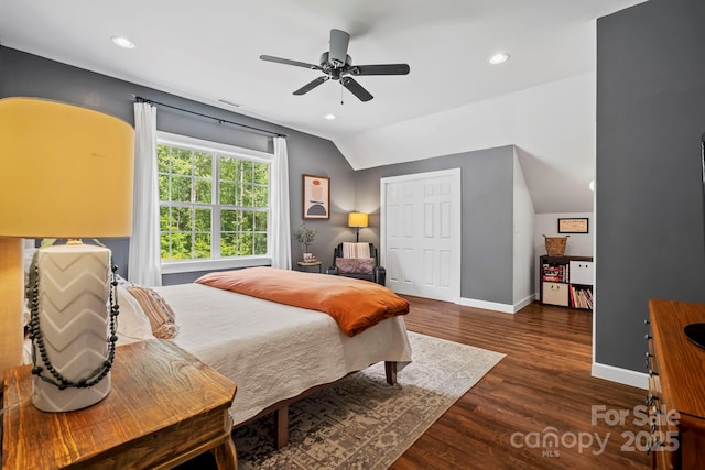 491 Paint Fork Rd, Barnardsville, NC 28709 - bedroom featuring baseboards, wood finished floors, lofted ceiling, recessed lighting, and a ceiling fan