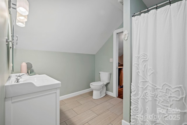 491 Paint Fork Rd, Barnardsville, NC 28709 - bathroom with toilet, vanity, lofted ceiling, wood finish floors, and baseboards