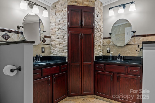 34 Edwards St, Asheville, NC 28806 - bathroom with crown molding, vanity, tile patterned flooring, and tile walls