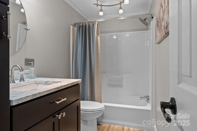 34 Edwards St, Asheville, NC 28806 - full bath featuring vanity, wood finished floors, shower / bathtub combination with curtain, and crown molding