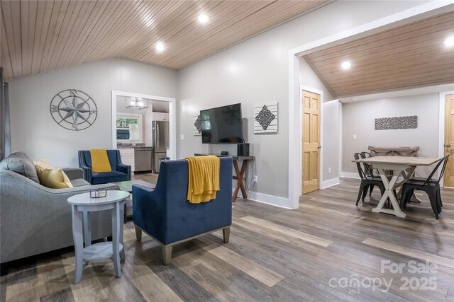 22 Moore Cir, Black Mountain, NC 28711 - living area featuring vaulted ceiling, wood finished floors, wooden ceiling, and recessed lighting