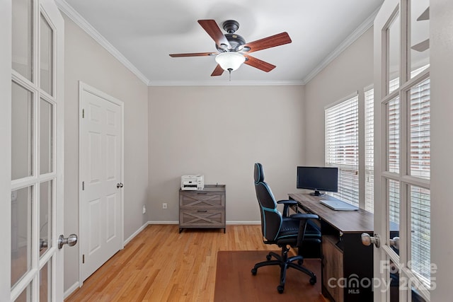 3830 Waters Reach Ln, Indian Trail, NC 28079 - office with french doors, light wood-style floors, a ceiling fan, and crown molding
