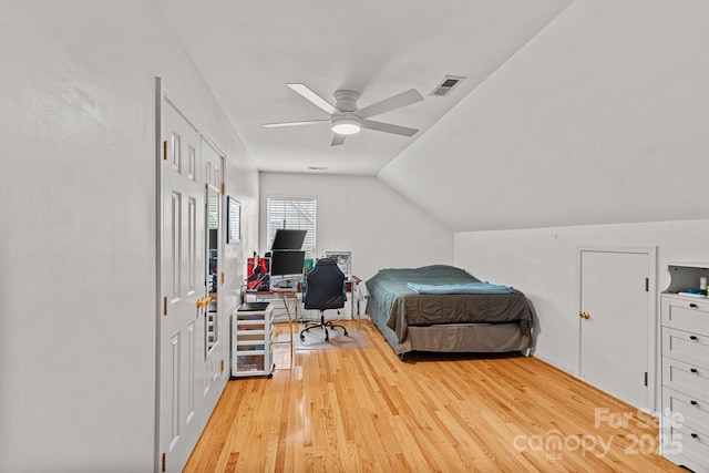 3830 Waters Reach Ln, Indian Trail, NC 28079 - bedroom featuring light wood-style flooring, an office area, vaulted ceiling, and ceiling fan