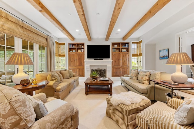 1728 Shadow Forest Dr, Matthews, NC 28105 - carpeted living room featuring plenty of natural light, beam ceiling, a fireplace, and recessed lighting