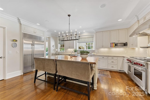 1728 Shadow Forest Dr, Matthews, NC 28105 - kitchen featuring high quality appliances, a sink, crown molding, wood finished floors, and a center island with sink