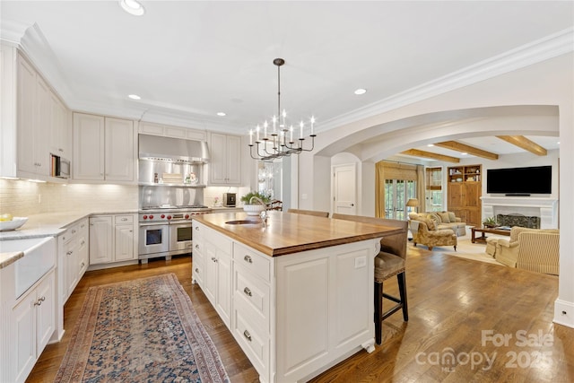 1728 Shadow Forest Dr, Matthews, NC 28105 - kitchen featuring stainless steel appliances, range hood, arched walkways, butcher block counters, and tasteful backsplash