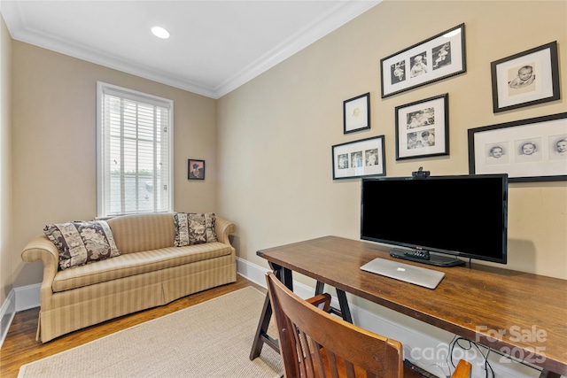 1728 Shadow Forest Dr, Matthews, NC 28105 - office featuring crown molding, baseboards, wood finished floors, and recessed lighting