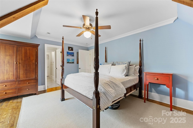 1728 Shadow Forest Dr, Matthews, NC 28105 - bedroom with baseboards, crown molding, light wood-type flooring, and a ceiling fan