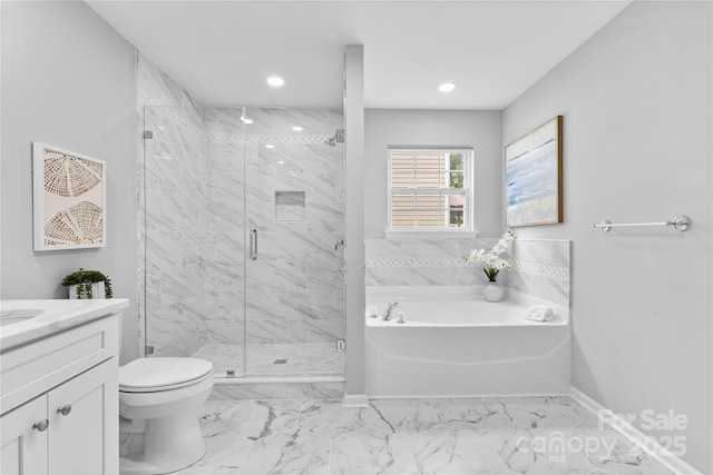 3008 Cornflower Ln, Indian Trail, NC 28079 - full bath with a bath, a marble finish shower, marble finish floors, vanity, and recessed lighting