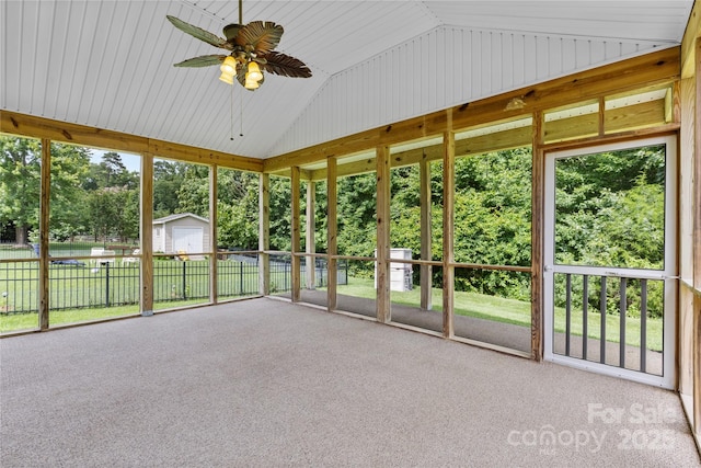 3008 Cornflower Ln, Indian Trail, NC 28079 - unfurnished sunroom featuring vaulted ceiling, a ceiling fan, and healthy amount of natural light