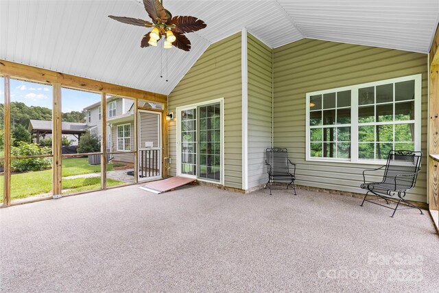 3008 Cornflower Ln, Indian Trail, NC 28079 - unfurnished sunroom featuring lofted ceiling, a ceiling fan, and healthy amount of natural light