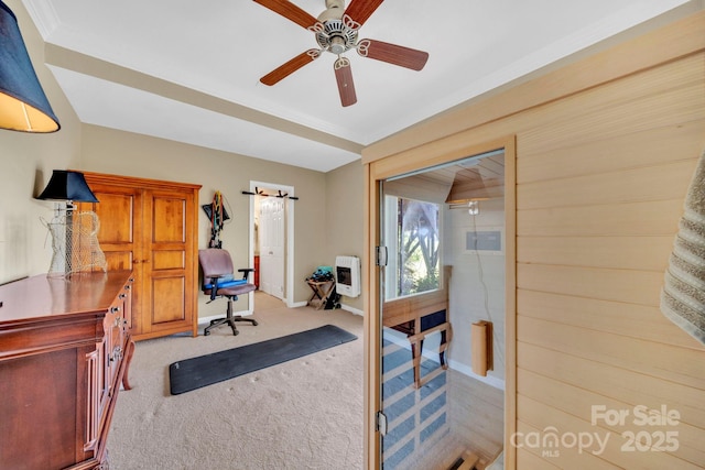 540 Upper Paw Paw Rd, Marshall, NC 28753 - office with heating unit, a ceiling fan, baseboards, and light colored carpet