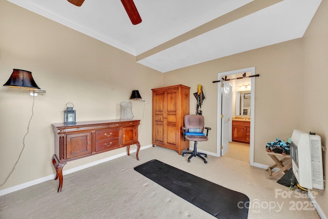 540 Upper Paw Paw Rd, Marshall, NC 28753 - office area featuring heating unit, ceiling fan, light carpet, baseboards, and crown molding